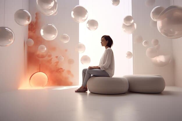 A person sitting in a quiet room, attempting to meditate, with thought bubbles indicating various distractions, illustrating common mindfulness challenges.