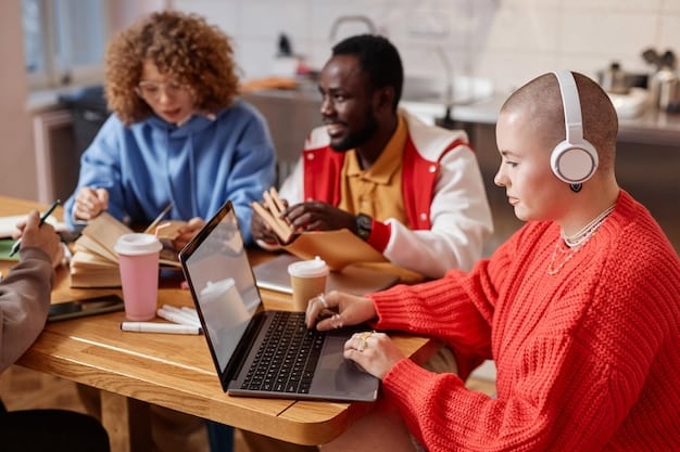 A diverse group of young professionals engaged in a hybrid learning environment, with some attending a virtual lecture on a large screen and others collaborating on a whiteboard. Represents modern learning methods.