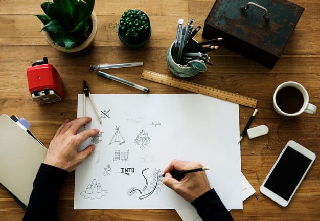 A person writing in a journal with various abstract symbols and concepts like a compass, a light bulb, and a tree branch emerging from the page, illustrating the process of clarifying one's purpose.