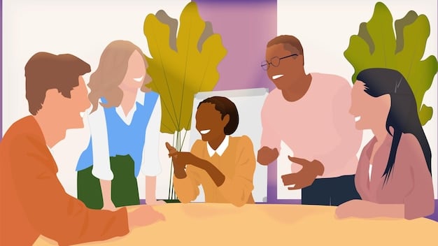 A diverse group of people engaged in a thoughtful discussion around a table, with expressions of understanding and active listening, illustrating effective social interaction and empathy.