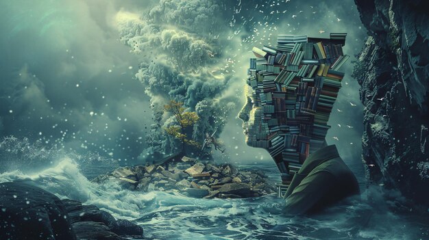 A person scaling a large, metaphorical mountain made of books and knowledge, with ideas and insights sparkling around them, symbolizing the ascent through challenges to gain wisdom.