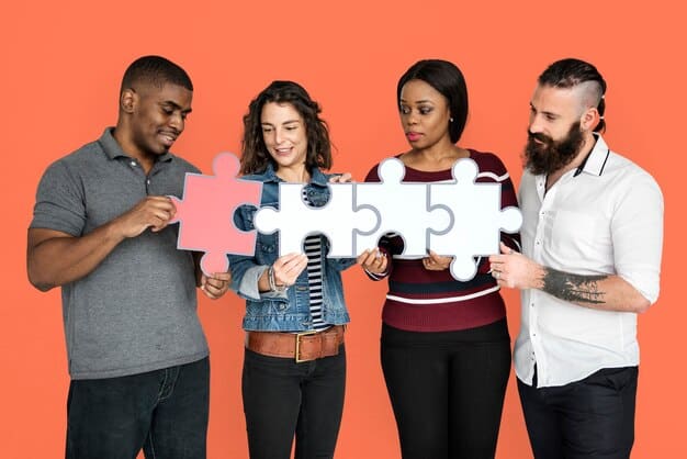 A diverse group of people collaborating on a complex puzzle, symbolizing collective problem-solving and adaptability.
