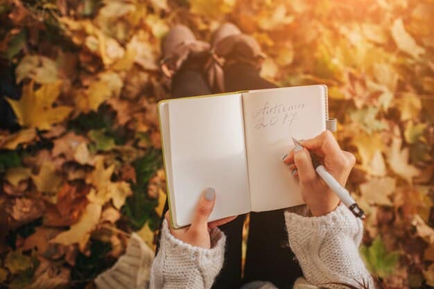 A person's hand writing in a gratitude journal, with a pen, surrounded by warm, soft lighting, implying a peaceful evening reflection.