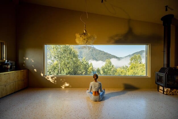 A serene person meditating in a peaceful, minimalist room with natural light, showcasing a sense of calm and self-reflection.