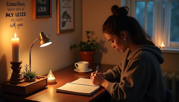 A person writing in a gratitude journal on a desk illuminated by a warm lamp. The journal is open to a page filled with handwritten notes, suggesting consistent practice and reflection. This image highlights the importance of journaling.