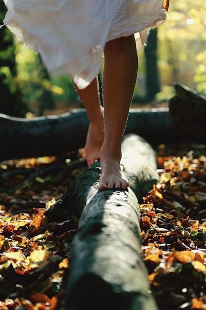 A close-up shot of feet walking on a forest path, emphasizing the connection between the body and the earth. The image illustrates the grounding aspect of mindful walking and its potential to reduce stress, aligning with the research that 'Alert: New Research Shows Mindful Walking Reduces Stress Levels by 18% in Adults Over 40'.