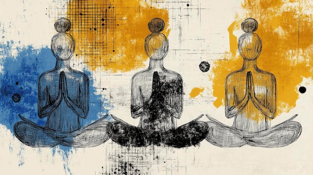 A collage of different meditation techniques: mindfulness meditation, loving-kindness meditation, and walking meditation. Each technique is visually represented with simple, calming imagery.