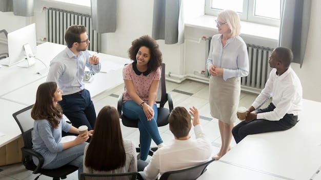 A group of employees participating in a mindfulness workshop in a corporate setting. The image should convey a sense of calm and focus, emphasizing the benefits of mindfulness for workplace well-being and productivity.