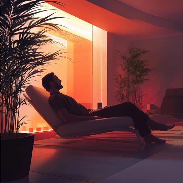 A person sitting comfortably in a chair indoors, bathed in the cool light of early evening. With eyes closed and a gentle smile on their face, they are practicing mindful breathing, demonstrating the Time-Sensitive approach: The Best Time of Day to Practice Mindfulness for Optimal Results in 2025.