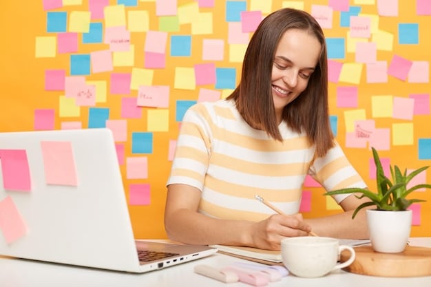 A person sitting at a desk with a laptop, surrounded by post-it notes, taking a deep breath with their eyes closed. The scene illustrates taking a mindful break from work, highlighting The Power of Presence: How to Cultivate Mindfulness in Everyday Activities in 2025 and overcoming the challenges to presence in a busy environment.