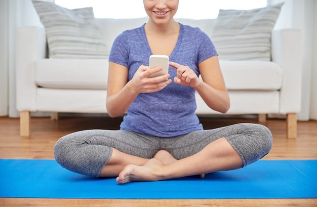 A person sitting cross-legged on a yoga mat, eyes closed in meditation, with a smartphone displaying a budgeting app nearby. The scene illustrates the combination of mindfulness practices and financial planning, showcasing The Financial Impact of Mindfulness: How Reducing Stress Can Improve Your Financial Decision-Making.