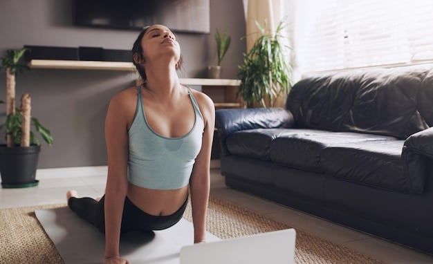 A person sitting on a yoga mat at home, meditating with eyes closed. They are surrounded by plants and soft lighting, creating a peaceful and calming environment. The scene emphasizes the integration of mindfulness into daily life.