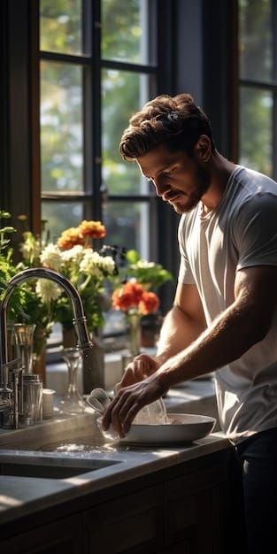 A person mindfully washing dishes, focused on the sensation of the water and soap, demonstrating a simple task becomes a mindfulness practice. Shows How to Use Mindfulness to Overcome Negative Thoughts and Improve Your Self-Esteem by 15%.