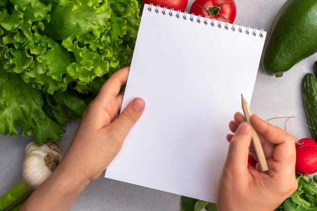 A close-up shot of a person's hands holding a grocery list, with fresh produce spilling out of a reusable shopping bag in the background. The items on the list appear to align with USDA Dietary Guidelines, suggesting a focus on healthy and affordable choices. Text overlay could read: 