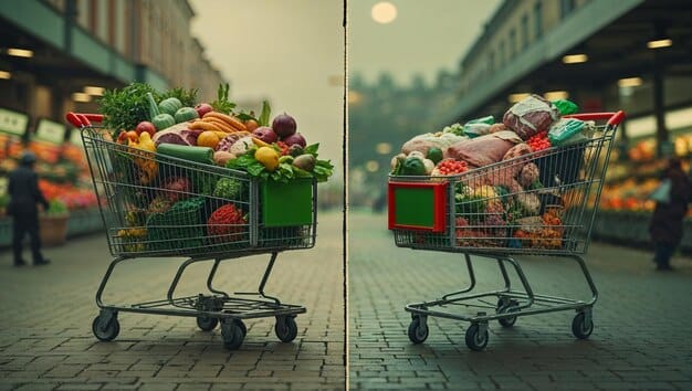 A split-screen image showing two different grocery carts. One cart is filled with processed, convenience foods and sugary drinks. The other cart is stocked with fresh produce, lean proteins, and whole grains. A dollar sign hovers over each cart, visually representing the cost differences.