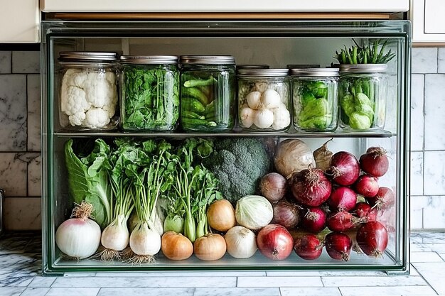 A well-organized refrigerator showcasing a variety of prepped vegetables and fruits in clear, labeled containers, indicating smart meal preparation and storage strategies. Emphasis on How to Reduce Food Waste by 25% and Eat Healthier in 2025.