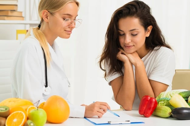 A nutritionist explaining the benefits and recommended daily intake of dietary fiber to a patient, using visual aids such as charts and food samples, inside a well-lit and modern clinic. The scene is educational and supportive, emphasizing personalized health advice related to Are You Getting Enough Fiber? The Latest Recommendations for 2025.