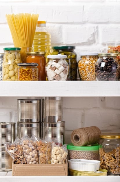 A neatly organized shelf in a pantry containing various food items. Some items have close-up views of their ingredient lists, emphasizing the importance of reading and understanding the ingredients of food items for Decoding Food Labels: A Step-by-Step Guide to Making Healthier Choices in 2025.