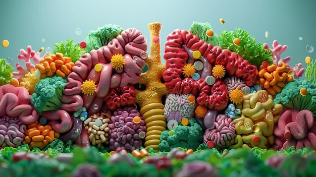 A visual representation of the gut microbiome, showing a diverse and balanced community of bacteria. The image could be an illustration or a microscopic view, emphasizing the importance of bacterial diversity for gut health. Highlight The Surprising Benefits of Fermented Foods for Gut Health in supporting this diversity.