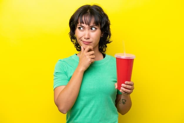 A person drinking a diet soda with a determined expression. The background shows a variety of healthy food options such as fruits, vegetables, and whole grains. The scene represents making informed choices for a balanced lifestyle.