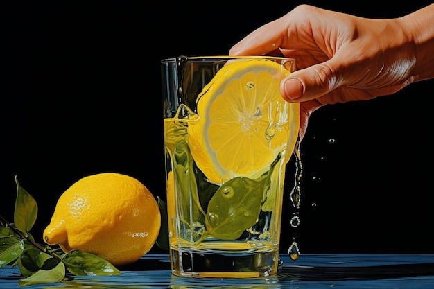 A person drinking a glass of water with lemon slices, with a background of various detoxifying ingredients like ginger, cucumber, and mint. The image highlights water's role in The 7-Day Detox Plan to Reset Your Body After the Holidays.