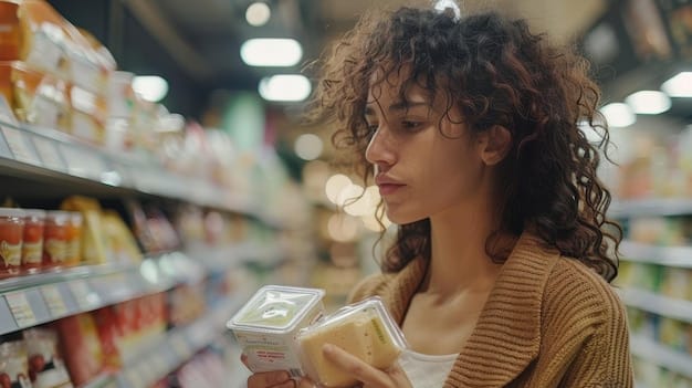 A person carefully reading the nutrition label on a packaged food item. The focus is on the detailed information panel, highlighting the serving size, calories, and list of ingredients. The image conveys the importance of being informed about The Impact of Processed Foods on Your Health: What You Need to Know by scrutinizing nutritional information.