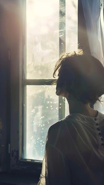 An image of a person looking thoughtfully out a window, with a soft, melancholic filter. The scene suggests introspection and quiet reflection, representing the feeling of holiday blues.