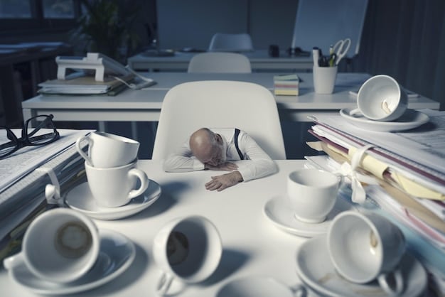 A person looking stressed and unproductive at their workstation, surrounded by overflowing coffee cups and scattered papers, suggesting a loss of focus and efficiency due to burnout and highlighting The Financial Impact of Burnout: How Prioritizing Mental Wellness Can Save You Money.