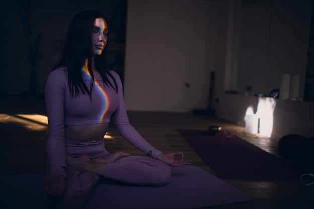 A person doing yoga in a dimly lit room before bed. The focus is on relaxation and stretching, promoting a calm state of mind for better sleep. Gentle lighting and serene surroundings emphasize the tranquility of the scene and illustrate how exercise, when timed appropriately, can 'Improve Your Sleep, Improve Your Mind: 7 Science-Backed Tips for Better Mental Health'.