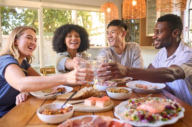 A happy and diverse group of people laughing and sharing a meal together. The setting is warm and inviting, symbolizing connection and the positive emotions associated with gratitude. The scene evokes feelings of appreciation and joy, reflecting The Power of Gratitude: How a Daily Gratitude Practice Can Boost Your Mental Wellness by 25%.