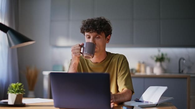 An employee working comfortably from home with a laptop, a cup of coffee, and a plant on the desk, illustrating the benefits of flexible work arrangements and remote work for mental wellness at work: 5 ways to create a more supportive and positive environment in 2025.