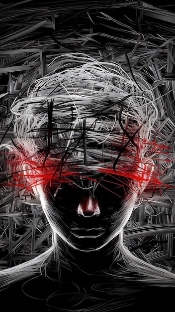 A digital illustration of a brain with tangled thoughts and emotional symbols, such as sad faces and question marks, representing mental health struggles and confusion.
