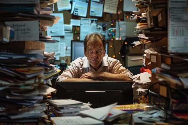 A person sitting at a desk, surrounded by piles of papers and a computer screen, looking overwhelmed and stressed. The image portrays the difficulty of concentrating and making decisions.