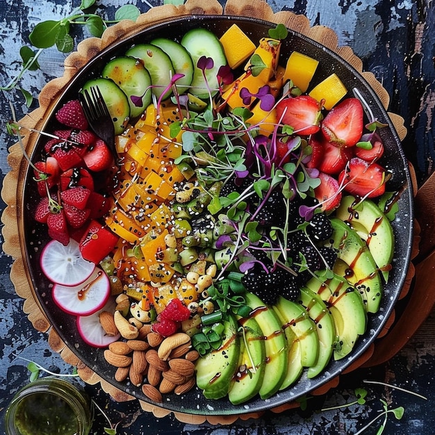 A vibrant salad with a mix of colorful vegetables, nuts, and seeds, drizzled with a light dressing. The image represents the importance of a balanced and nutritious diet for mental health and further illustrates The Link Between Diet and Mental Health: What You Eat Can Affect Your Mood and Well-being.