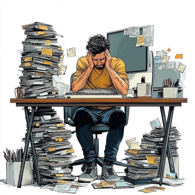 A person sitting at a desk, looking stressed and overwhelmed with a pile of papers. The image represents the pressure and anxiety associated with imposter syndrome in the workplace. The screen in front of the person displays unfinished tasks. Understanding and Overcoming Imposter Syndrome: A Guide for Professionals in 2025 would help this person.