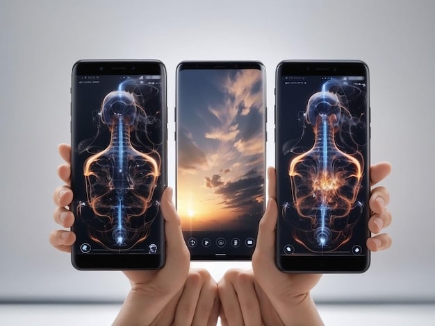 A split screen showing the interfaces of two different mental health apps on smartphones. One side features a calming meditation scene, while the other displays a chat interface with a therapist. The image illustrates the different types of support offered by these apps. New Mental Health Apps: A Comparison of the Top Tools for Managing Stress and Anxiety in 2025.