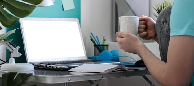 A person working in a clean, organized workspace with a laptop, notebook, and a cup of coffee. The room is brightly lit and free of clutter, symbolizing an environment conducive to productivity. The image conveys the message that a well-organized workspace can help prevent procrastination. A subtle motivational poster with 