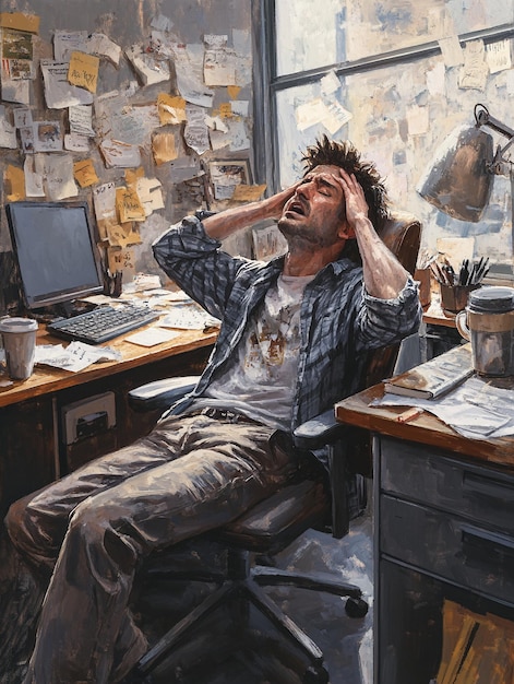 A person sitting at a desk, looking stressed and overwhelmed, with negative thoughts swirling around their head like dark clouds. The image visually represents the impact of negative thoughts on self-esteem and the need to challenge them. Relates to Boost Your Self-Confidence: 7 Actionable Steps to Improve Your Self-Esteem Starting Today.