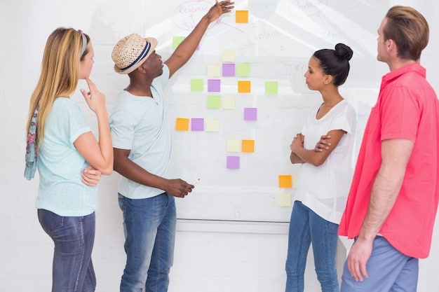 A diverse team collaborating around a table, brainstorming ideas. Post-it notes cover a whiteboard in the background, showing different concepts and strategies.