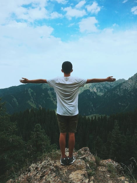 A person standing on a mountaintop, arms outstretched, looking out at a breathtaking vista. The sky is clear and blue, and the sun is shining brightly. The image conveys a sense of freedom, awe, and gratitude for nature. Cultivate Gratitude: A 30-Day Challenge to Enhance Your Happiness and Well-Being is subtly displayed in the corner.