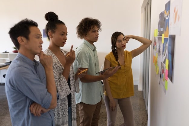 A diverse group of people are collaborating enthusiastically on a whiteboard, brainstorming ideas with sticky notes. The atmosphere is energetic and positive. The Science of Motivation: Understand What Drives You and Achieve Your Dreams is subtly written in a corner of the whiteboard.