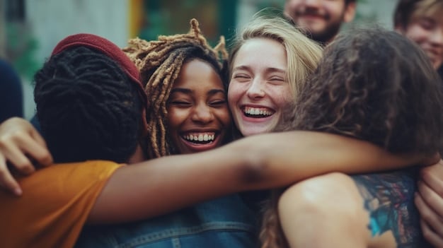 A diverse group of people laughing and hugging, representing the strength and support found in strong social connections. The image emphasizes the importance of community and mutual support in building resilience. Build Resilience: 5 Strategies for Bouncing Back from Setbacks and Achieving Success