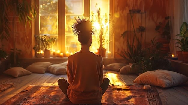 A person meditating in a quiet room, surrounded by nature, with rays of sunlight shining through the window. The scene portrays peace and focus, highlighting the ideal environment for The Power of Visualization: How to Use Mental Imagery to Achieve Your Goals.