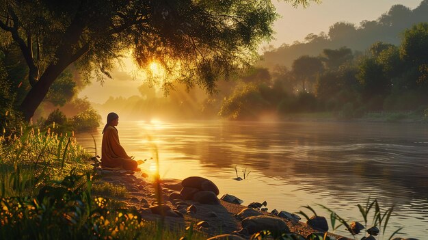 A peaceful scene showing a person meditating by a lake, with the sun rising in the background. The image conveys a sense of serenity, reflection, and the inner peace that comes with practicing mindfulness and forgiveness. The stillness of the water mirrors the calmness achieved through releasing resentment.