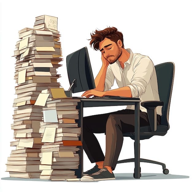 A stressed-out individual sitting at a desk, surrounded by piles of paperwork, with a weary expression. The image should depict the overwhelming feeling of burnout and the need for self-care to prevent it.