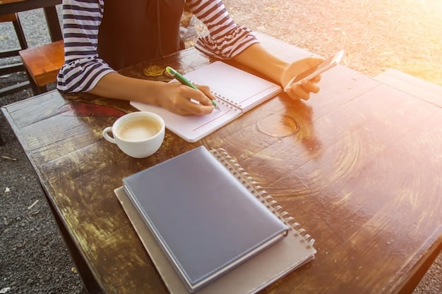 A close-up shot of a person writing in a journal, surrounded by books and motivational quotes, illustrating the importance of self-reflection and planning in personal growth. The scene is warm and inviting.