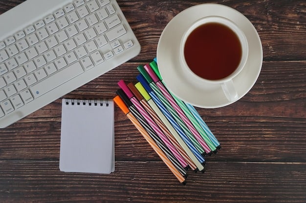 A neatly organized desk with a planner open, showing color-coded time blocks for various activities, including a 'Personal Development' block. A pen and a cup of tea are on the desk.